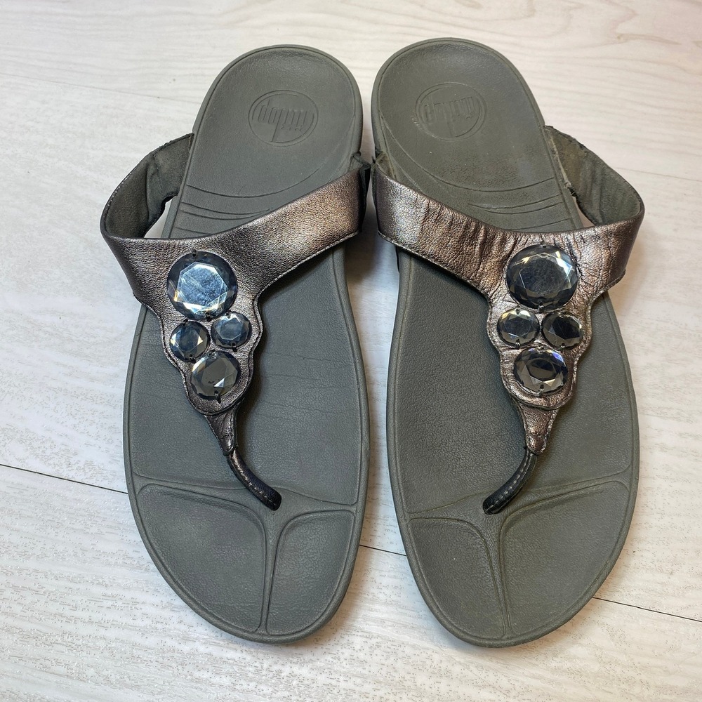 FitFlop Womens 10 Electra Crystal Thong Sandals Pewter Metallic Leather 181-054
